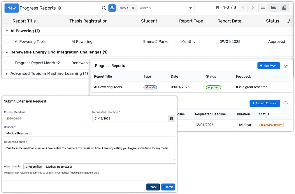 Real-Time Thesis Progress Tracking & Deadline Management Track thesis milestones, deadlines, and reviews using visual dashboards and alerts